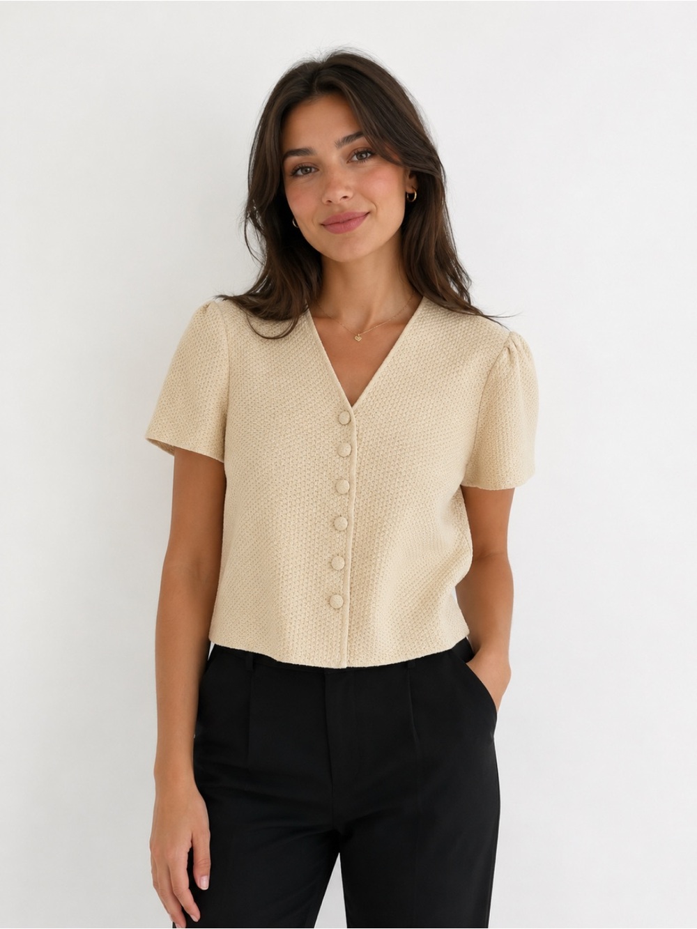 Zara Cream Textured Short Sleeve Button Front Top